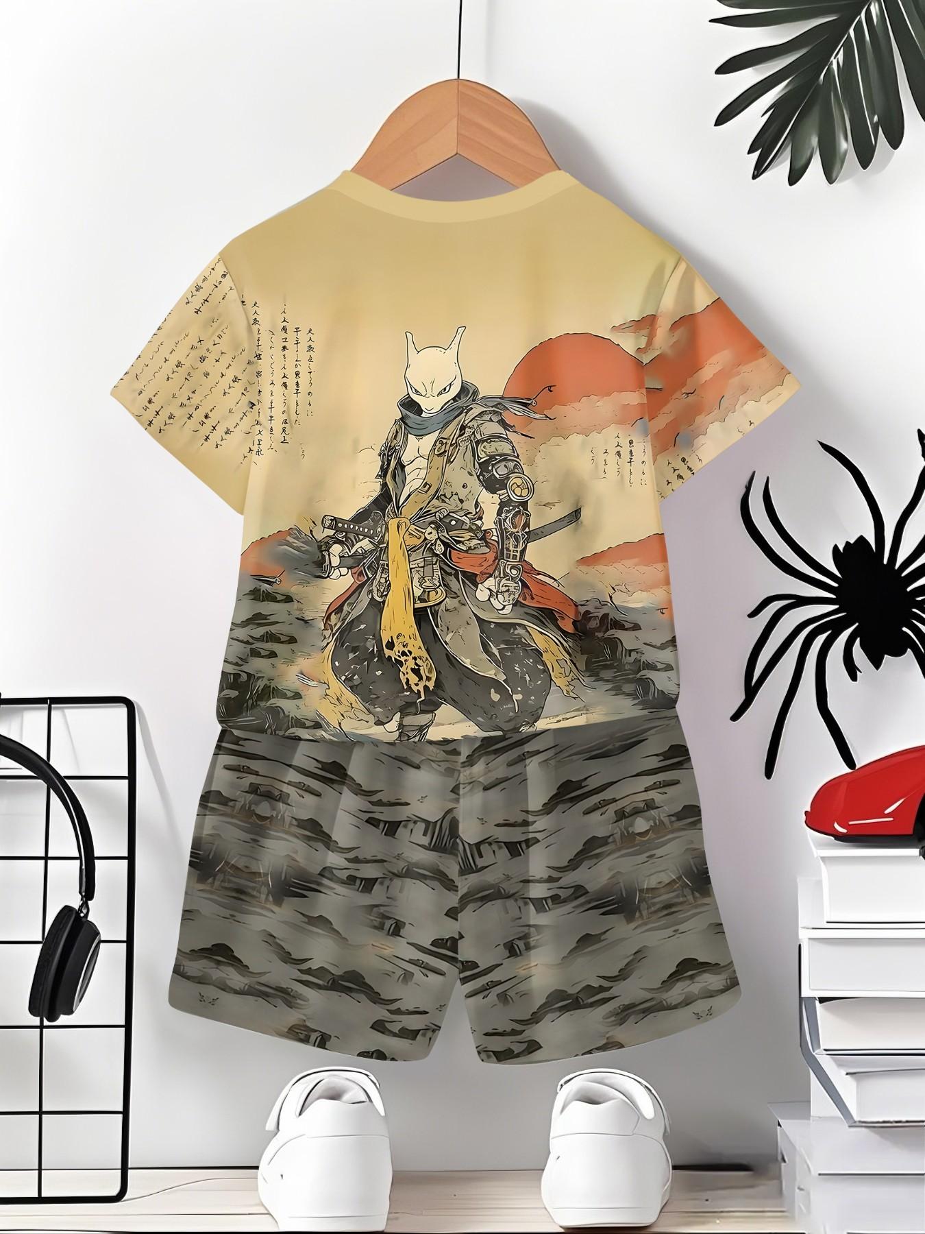 Ukiyo-e Samurai Fox Two-Piece Short Sleeve and Shorts Set, 100% Polyester Casual Loose-Fit Outfit, Fun Printed Patterns for Summer, Outdoor Sports T-Shirt Set, Perfect Gift for Boys