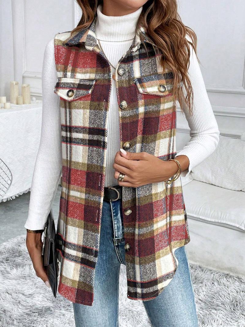 Women's Plaid Collar Vest Jacket, Casual Fashion Design, Perfect for Daily Wear, Stylish and Comfortable, Ideal for Everyday Use, Casual Comfy Vests