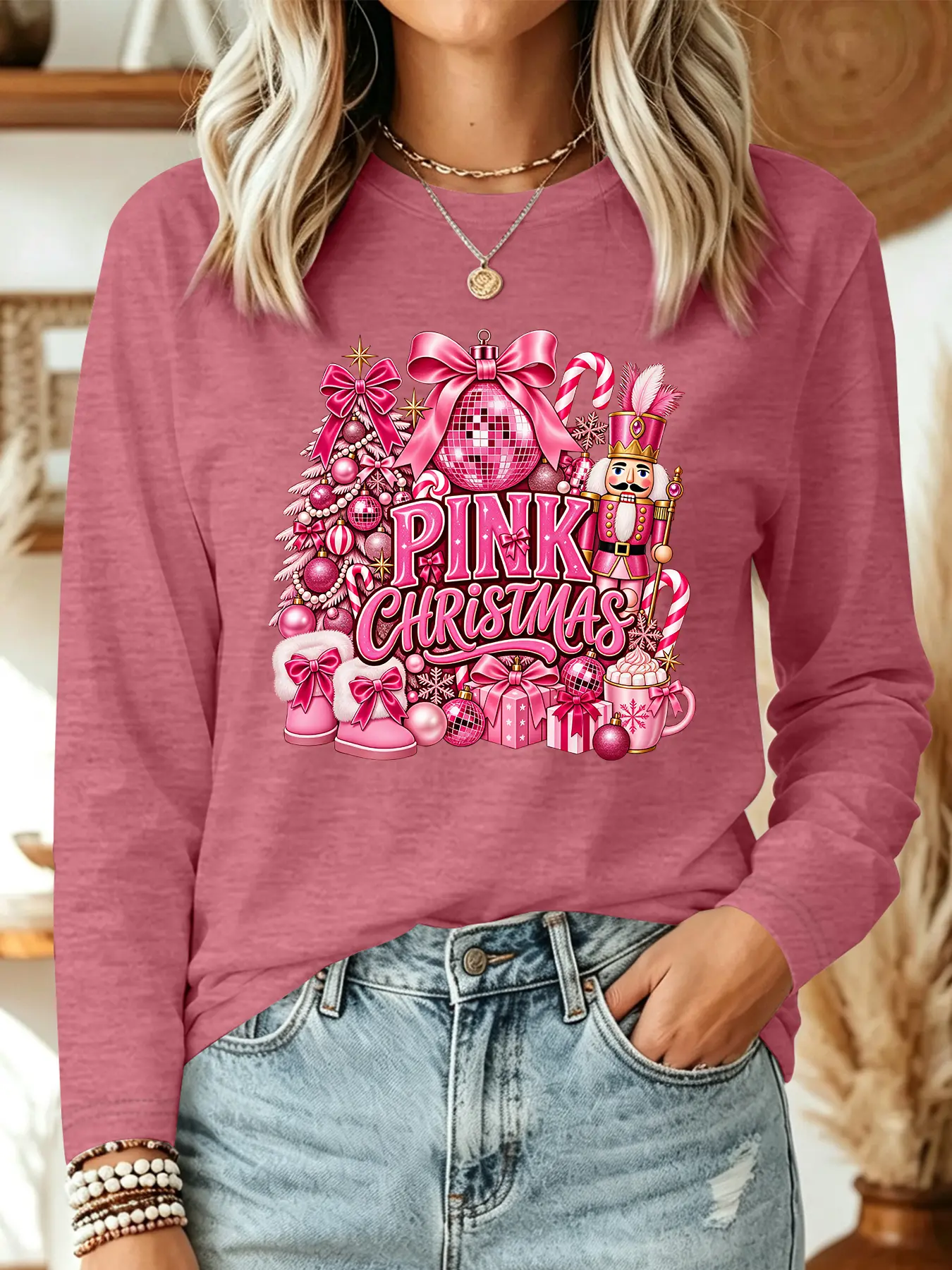Plus Size Women's Crew Neck Long Sleeve T-Shirt, Pink Nutcracker Christmas Tree Print, Multi Color Optional, Machine Washable, Soft Skin-Friendly Fabric, Spring Autumn Top, Daily Wear, Stylish Design, Christmas Style Outfit Top