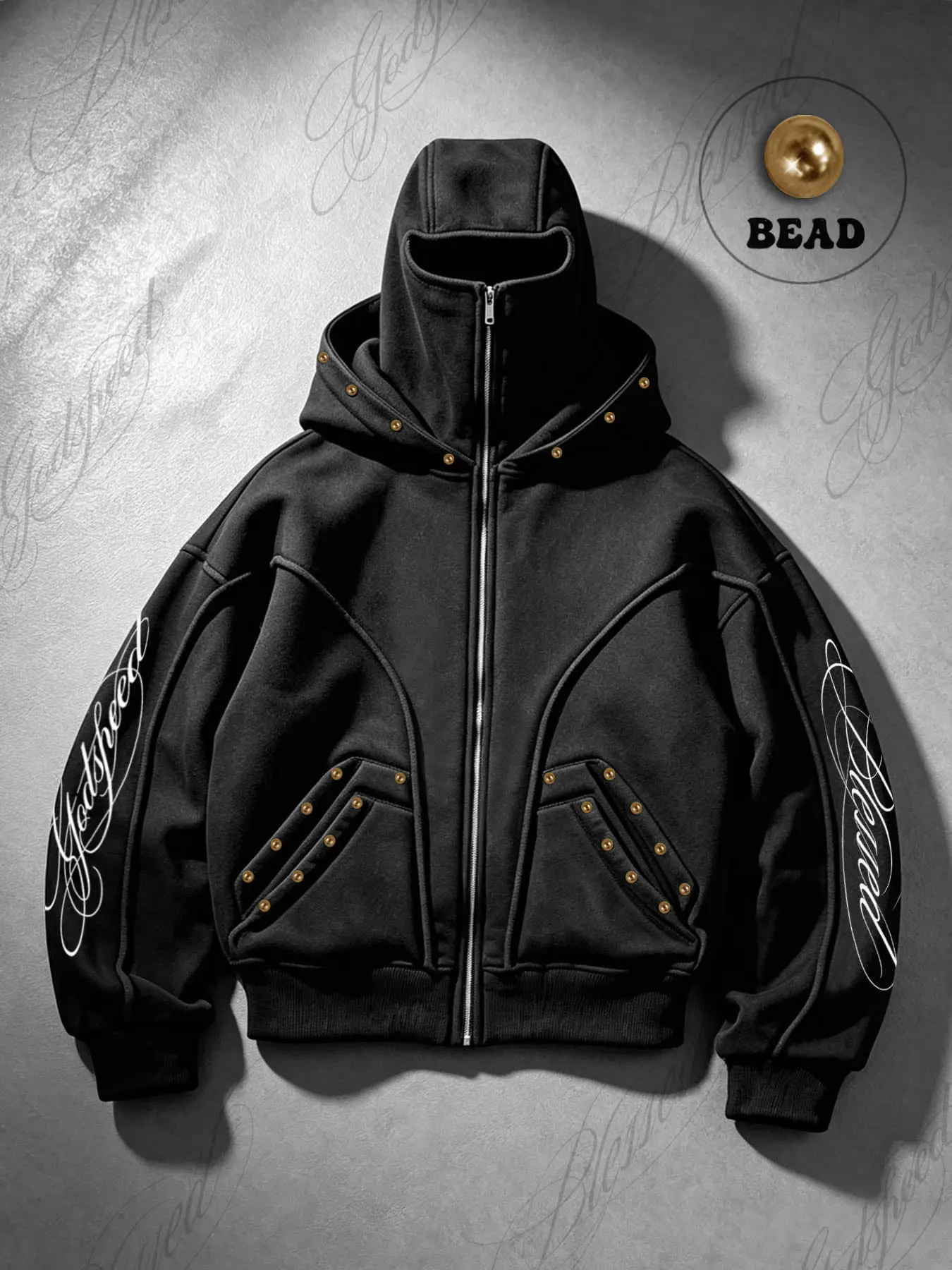 High-street style, Godspeed handwritten cursive script, Blessed letter slogan, double-hooded cardigan/sweatshirt with bubble bead embellishments, double pocket design, patchwork zip-up cardigan jacket, men's dark street hip-hop style, unisex top.
