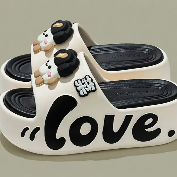 Cute cartoon poop-scented thick-soled slippers for women. Summer outerwear style slip-on indoor sandals for comfort. Trendy letter-up high-top flip-flops.