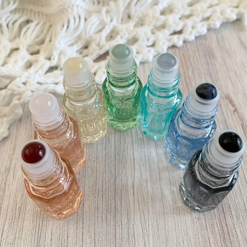 7-Piece Gemstone-Shaped Rollerball Bottles, Glass Essential Oil Containers, Aromatherapy, Travel-Friendly, Perfect Gift, DIY Perfume