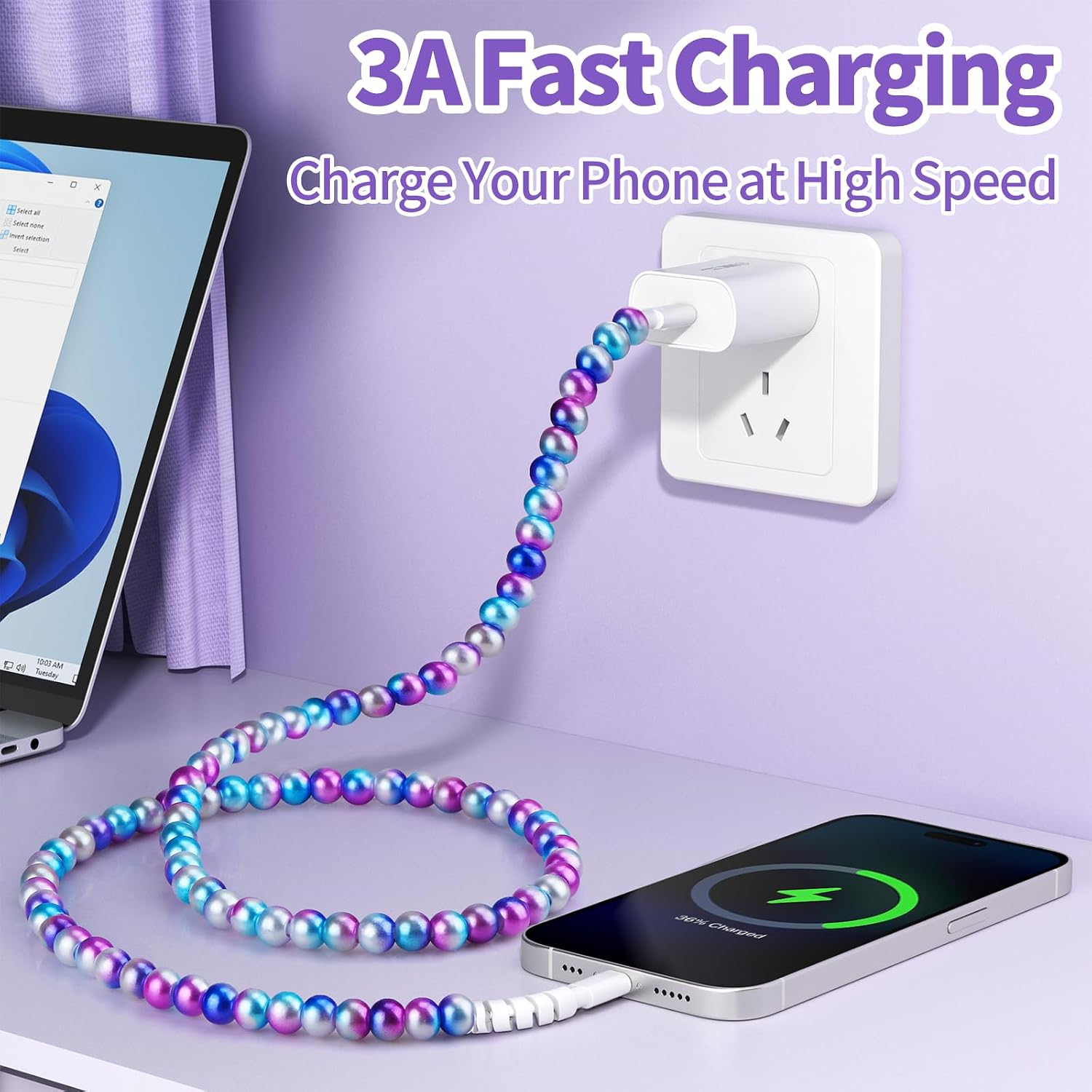 USB C  for  16 Beaded  Cord    for Girls Women 3.3FT Colourful  Type C  for  15, for iPad A16 11th, for Galaxy S25-  Blue Gradient