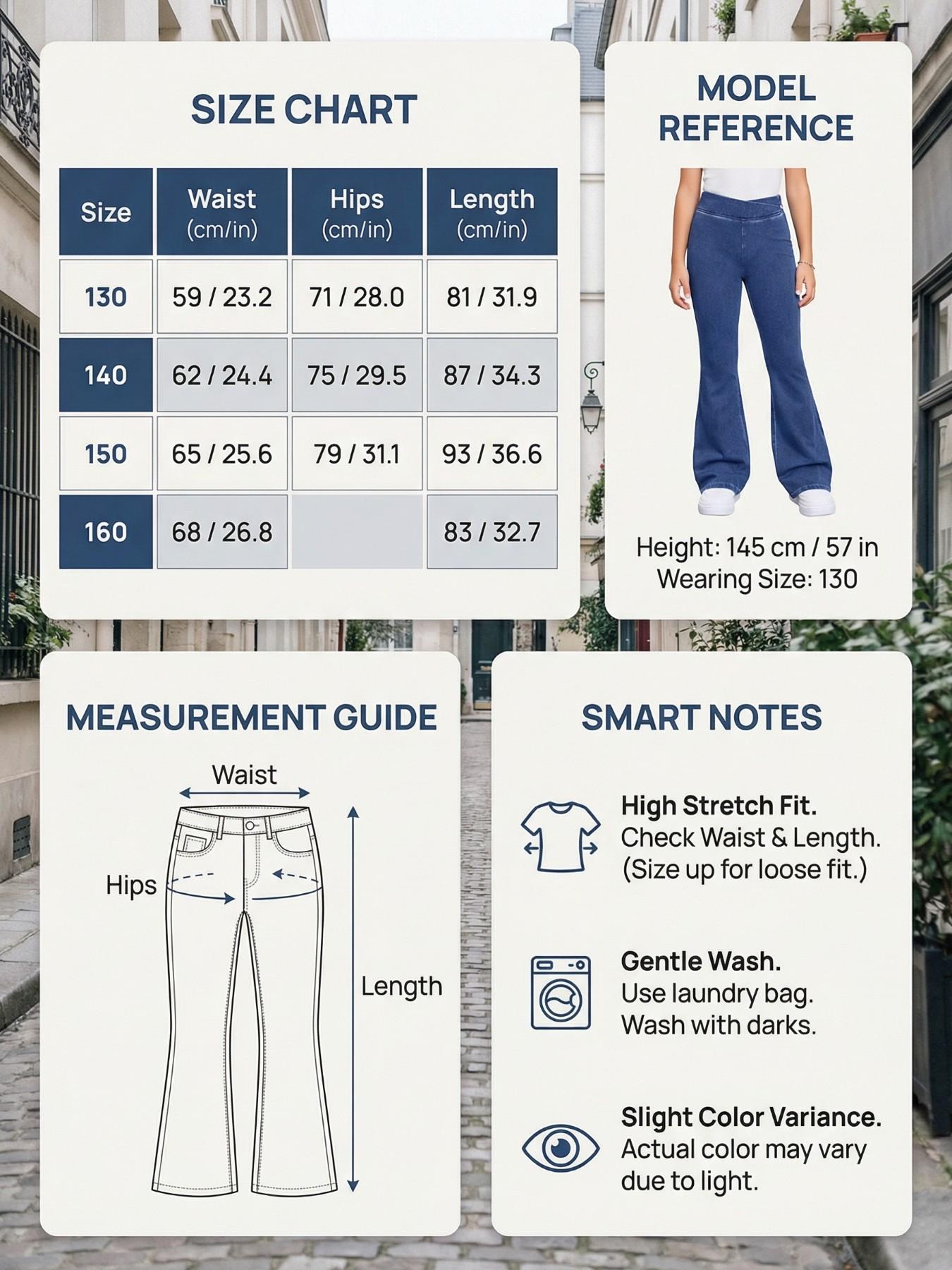 Girls High Elastic Denim Flare Pants, Soft Skin-Friendly Underwear, Slim Fit Casual Pants for Ages 130-160cm, Comfortable Daily Wear