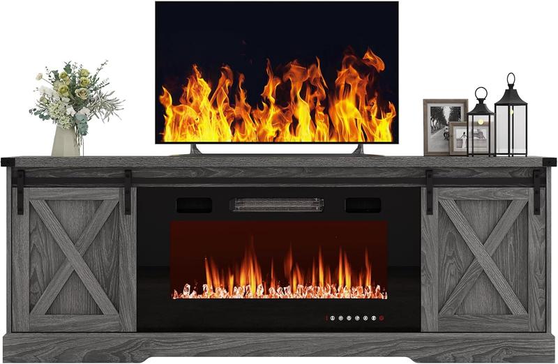 Farmhouse Fireplace TV Stand / Farmhouse TV Stand for 70/75/80 Inch TV, 70 inch Entertainment Center Storage Cabinets with 36”Electric Fireplace and Sliding Barn Doors, Media Console Cabinet for Living Room