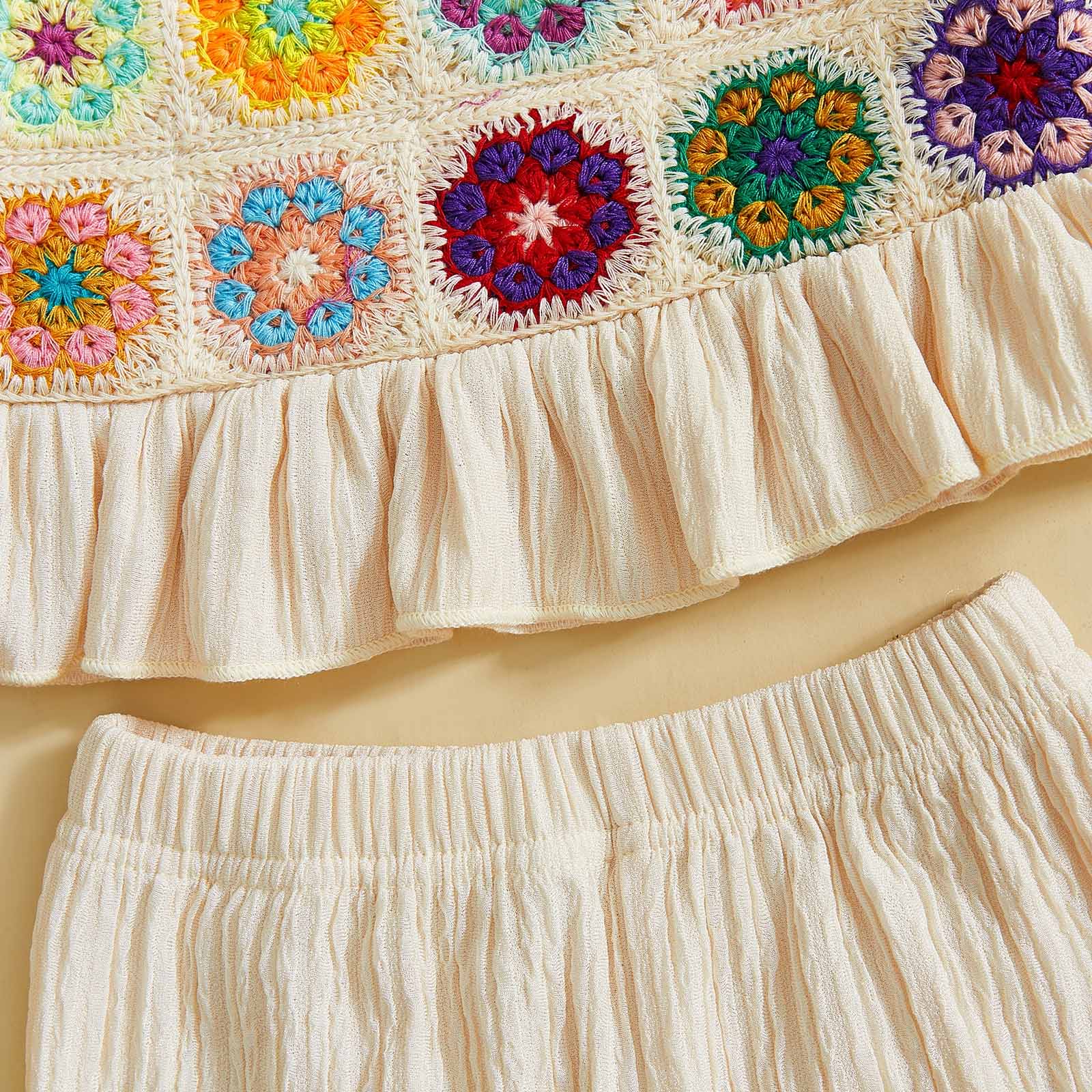 Toddler Girls Two Piece Outfits Crocheted Flowers Fruit Ruffled Camisole Tops Elastic Waist Long Pants Baby Children Summer Clothes #Summervibes
