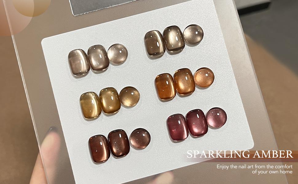 GAOY Sparkling Amber Cat Eye Gel Nail Polish Set with Magnet, Jelly Brown Cat Eye Christmas Gift Idea, Salon UV Gel Manicure and Nail Art DIY at Home
