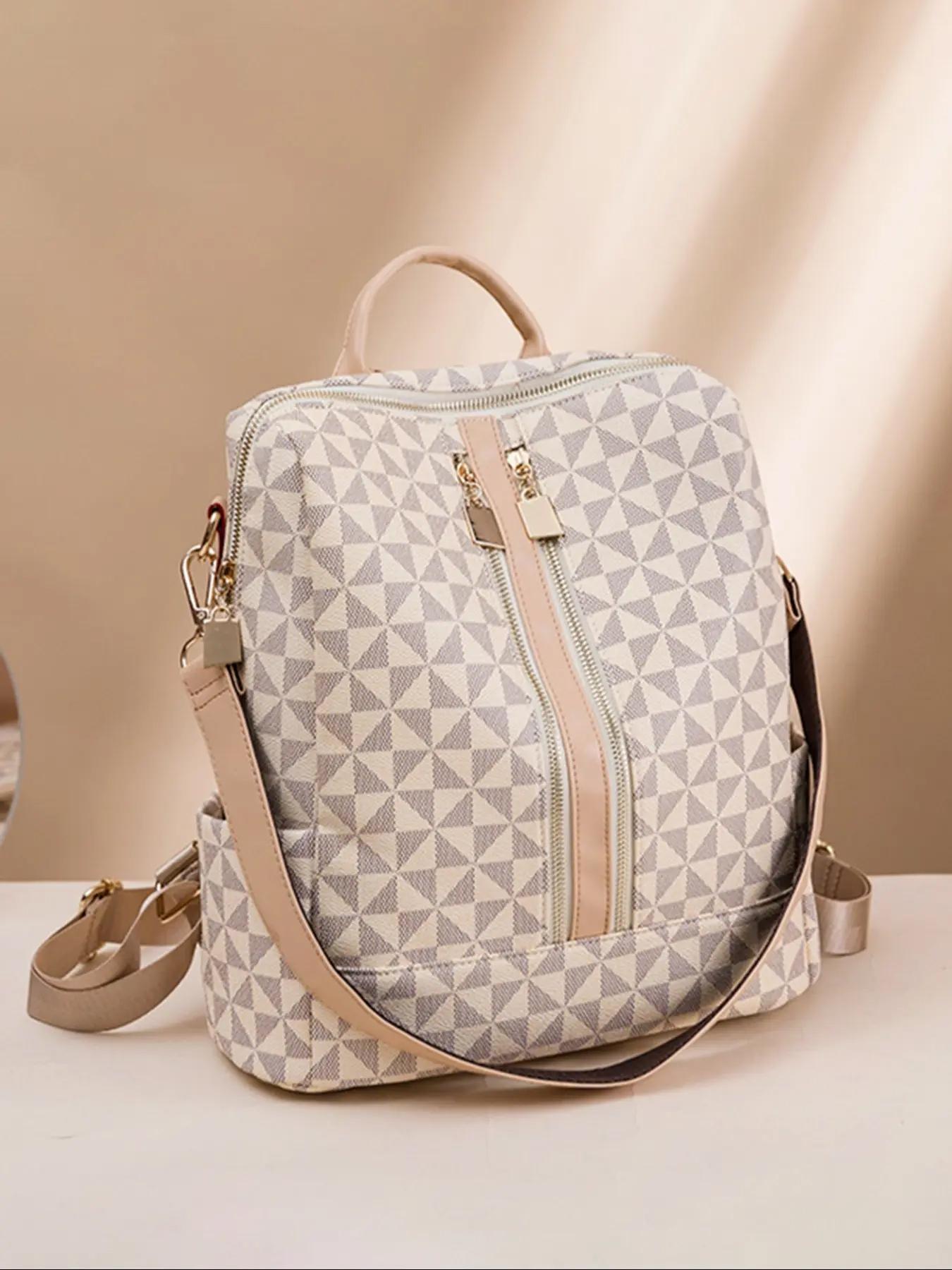 Fashionable Geometric Pattern Backpack & Wristlets Bag, Casual Printed Backpack, Lightweight Casual Daypack, Casual Large Capacity Backpack, Trendy Versatile Travel Durable Backpack for Women