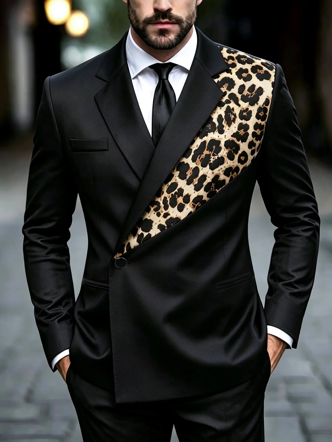 Men's Leopard Print Patchwork Suit Jacket, Black Slim Fit Single Button Blazer, Notch Lapel Formal Dress with Chest Pocket, Fashion Party Casual Top