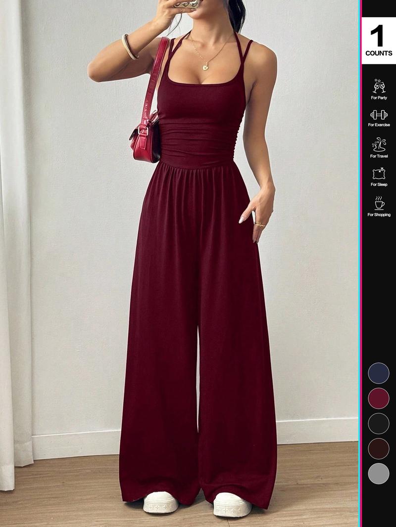 Women's Sexy Backless Jumpsuit, Spaghetti Strap Design, Smocked Bodice, Elegant One-Piece Romper, Ideal for Party Wear