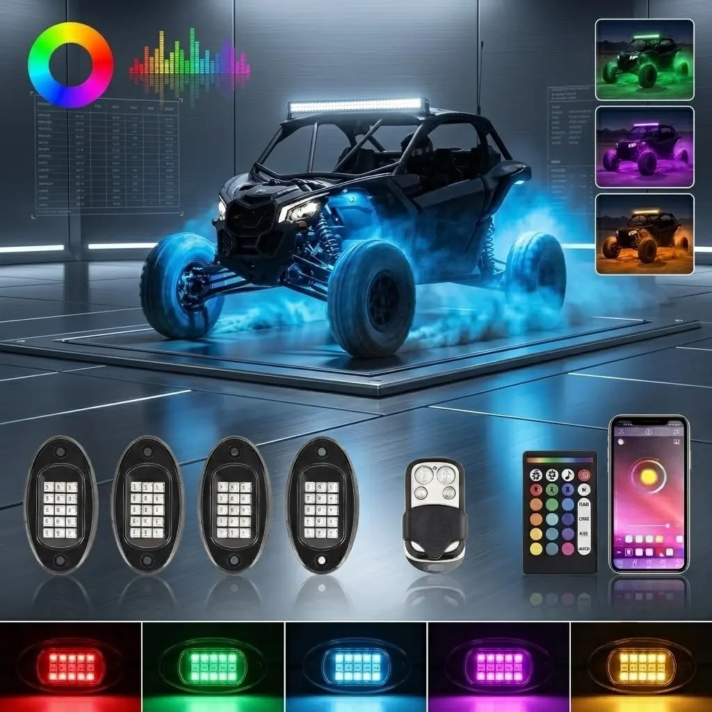 4-Pod RGB LED Rock Lights For ATV UTV Trucks 12V DC Waterproof Car Lighting Kit With App Bluetooth Control Music Mode Brake Warning Effect Christmas Gift