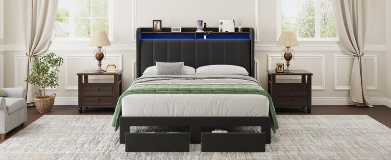 MUTICOR Upholstered Bed Frame with LED Shelf Headboard & 2 Drawers, Linen or Velvet Fabric, Smart Outlets,Full/King/Queen Bed Frame, No Box Spring Needed#TikTokShopBlackFriday #ChristmasGifts