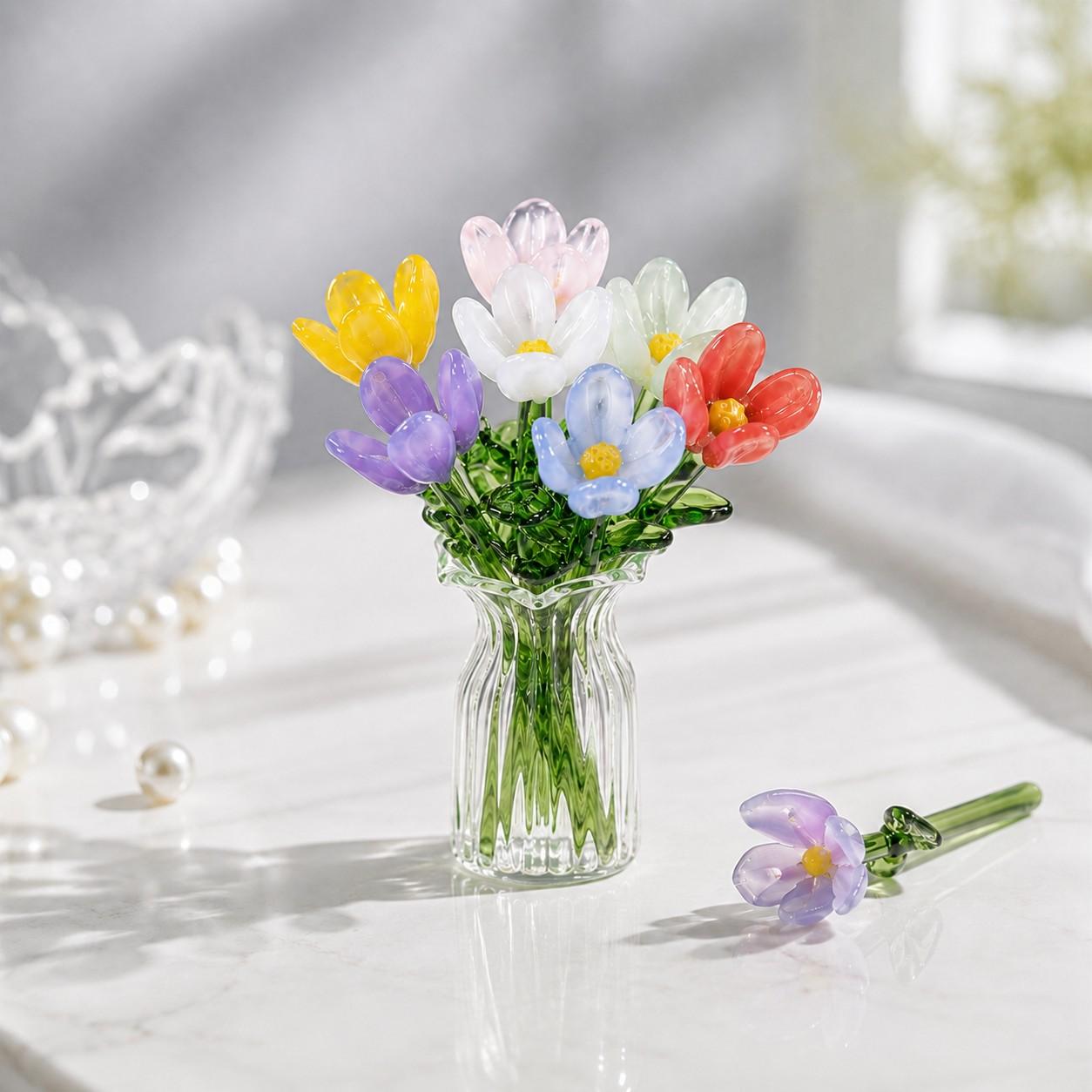 1 Set (7 Flowers + 1 Vase) Handcrafted Mini Glass Artificial Flower Ornaments, Decorative Fake Floral Decor Mixed Flower Set for Gifting and Event Decorations, DIY Faux Bouquet for Home Decor, Gift for Event Decoration, Table 1 Set (7 Flowers + 1 Vase) Handcrafted Mini Glass Artificial Flower Ornaments, Decorative Fake Floral Decor Mixed Flower Set for Gifting and Event Decorations, DIY Faux Bouquet for Home Decor, Gift for Event Decoration, Table