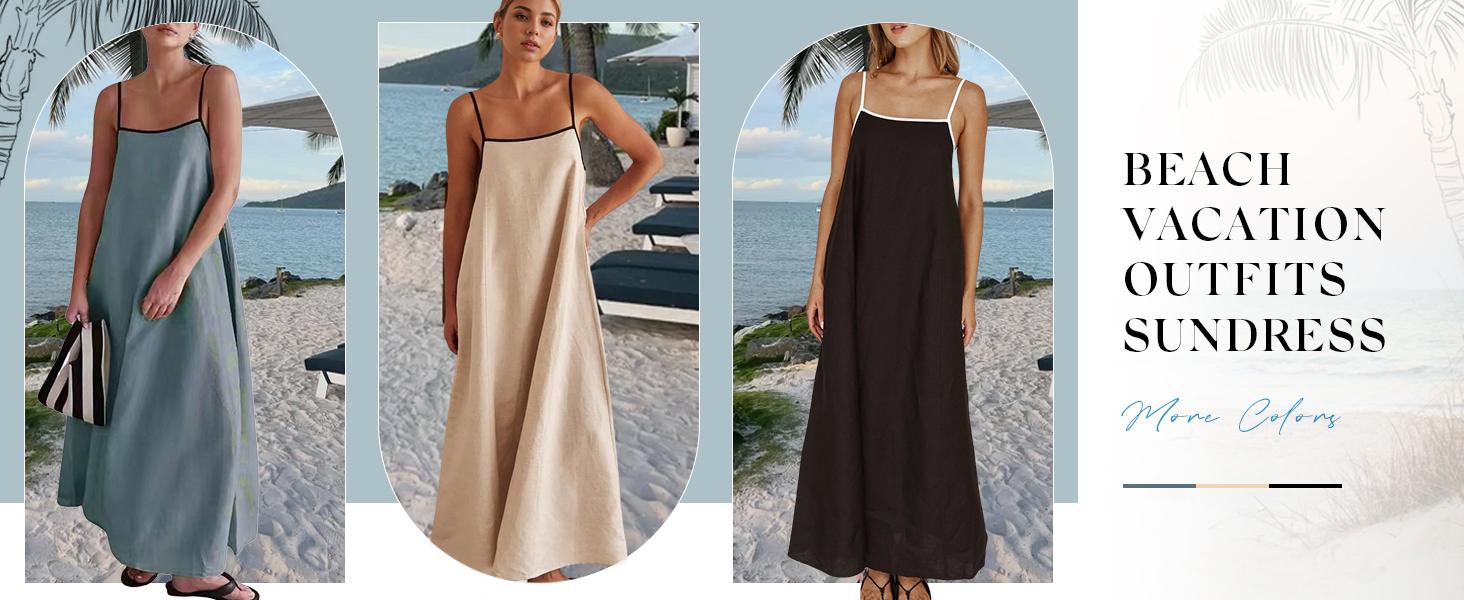 CHARTOU Women's maxi dress Summer Solid Color Loose Long Skirt with Thin Shoulders and Flax Sleeveless Skirt