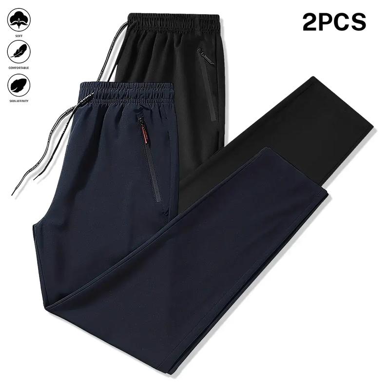 2 Pack Lightweight Men’s Joggers with Zippered Pockets & Adjustable Waistband – All Season Gym Training Casual Pants, Regular Fit Solid Color, Suitable for Sports, Outdoor, & Casual Wear, Workout Leggings, Sporty Casual Attire, Trendy Athletic Apparel, Du
