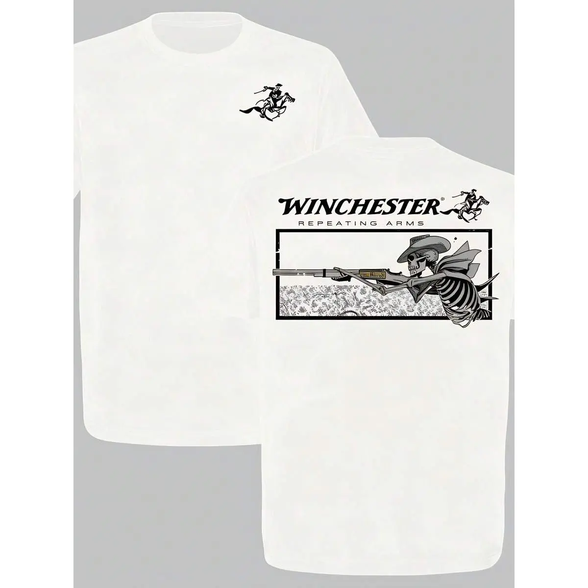 Winchester Rapid-Fire T-Shirt |     Skull And Cowboy Print, White Men'S Casual Shirt, Vintage Western Hunting Apparel, Gift For Gun And Cowboy