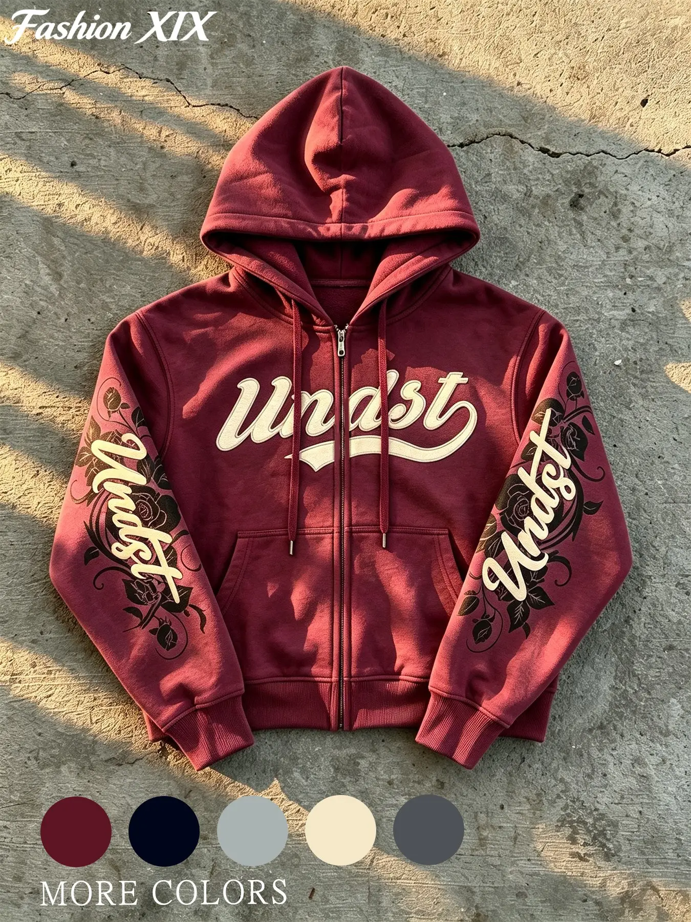 Unisex Burgundy Rose Print Letter Embroidery Zip Up Hoodie, Loose Cropped Long Sleeve Hooded Jacket, Gothic Street Daily Outfits for Teens, Y2K Fans & Dark Academia Lovers, Fall Winter Grunge Goth Viral Streetwear Rare Aesthetic