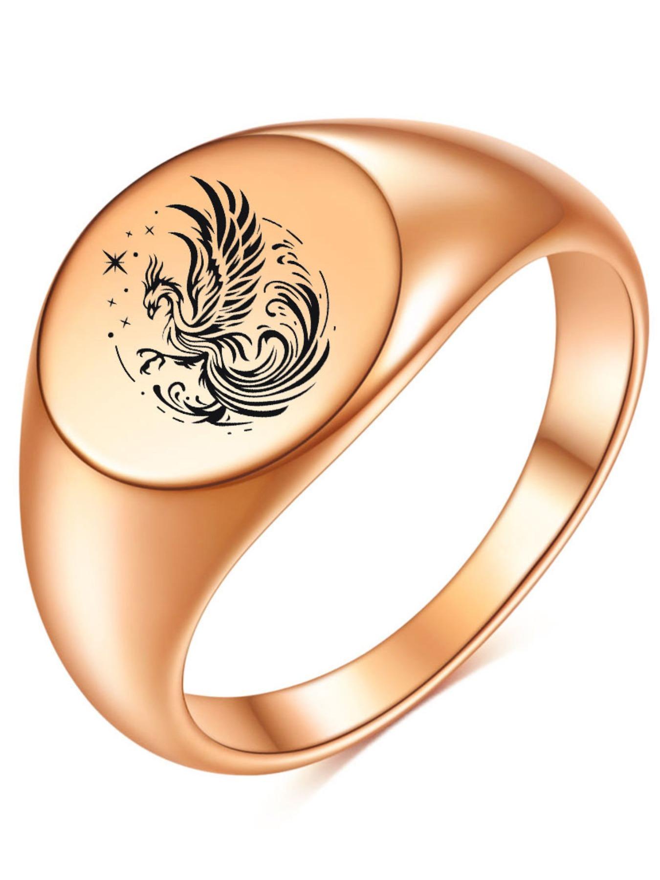 New 12mm Smooth Ring, Round 18k Gold Laser Engraved Phoenix Ring, Elegant Jewelry for Women, Unique Gift Idea, Elegant Fashion Rings