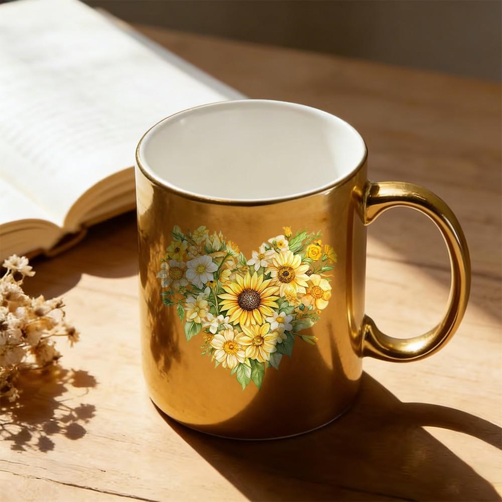 Sunflower Heart Gold Ceramic Coffee Mug, 11oz Shiny Metallic Gold Floral Tea Cup, Unique Birthday Mothers Day Gifts for Women Mom Wife Sister Friend, Sunflower Lover Gifts for Coffee Tea Lovers, Home Office Decor