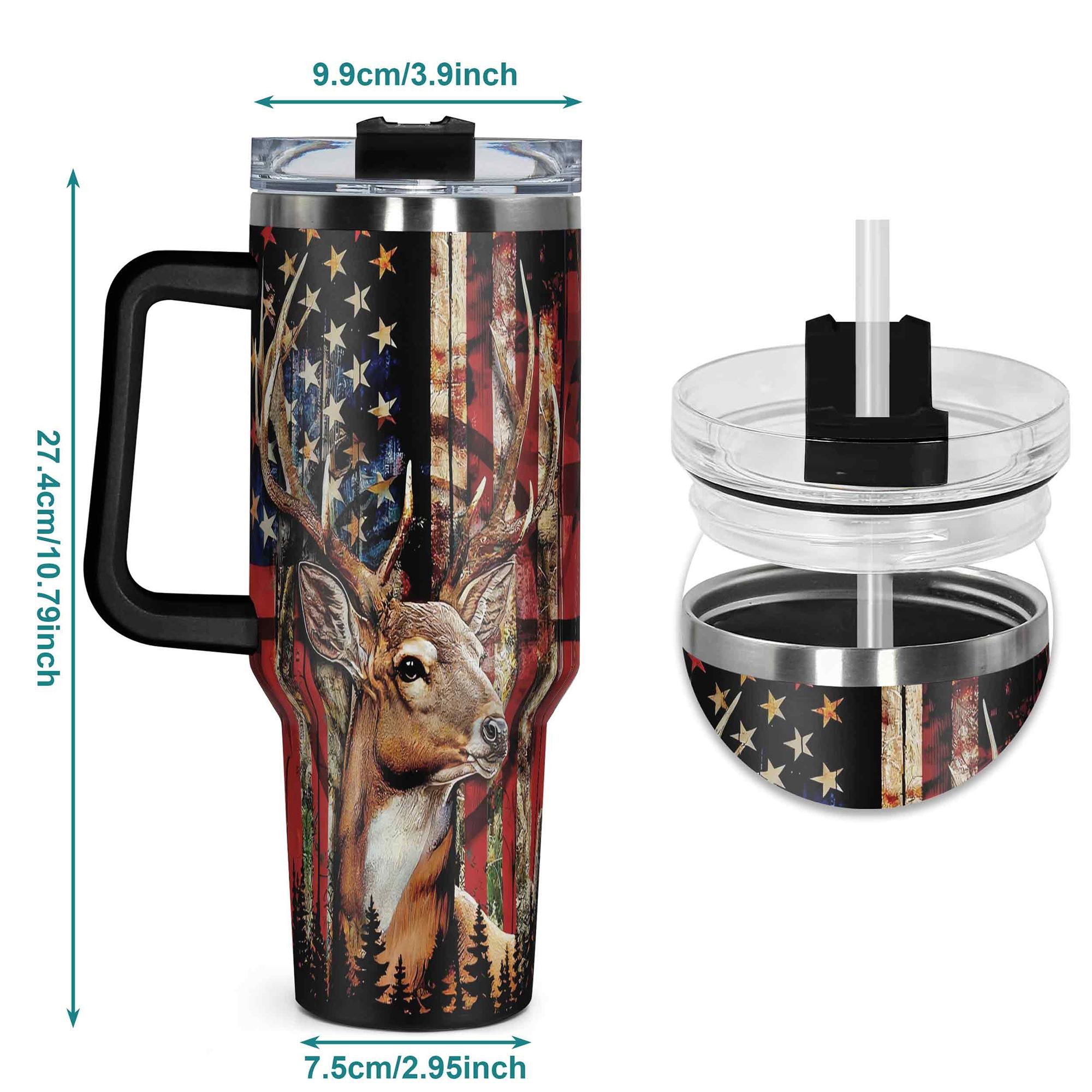 40oz, 1pc Gift, Stainless Steel Cup, Insulated and Durable, Stainless Steel Tumbler, Featuring a beautiful American Flag Deer Design, Perfect Gift for Horse Lovers and Equestrians, Great for Hot or Cold Beverages