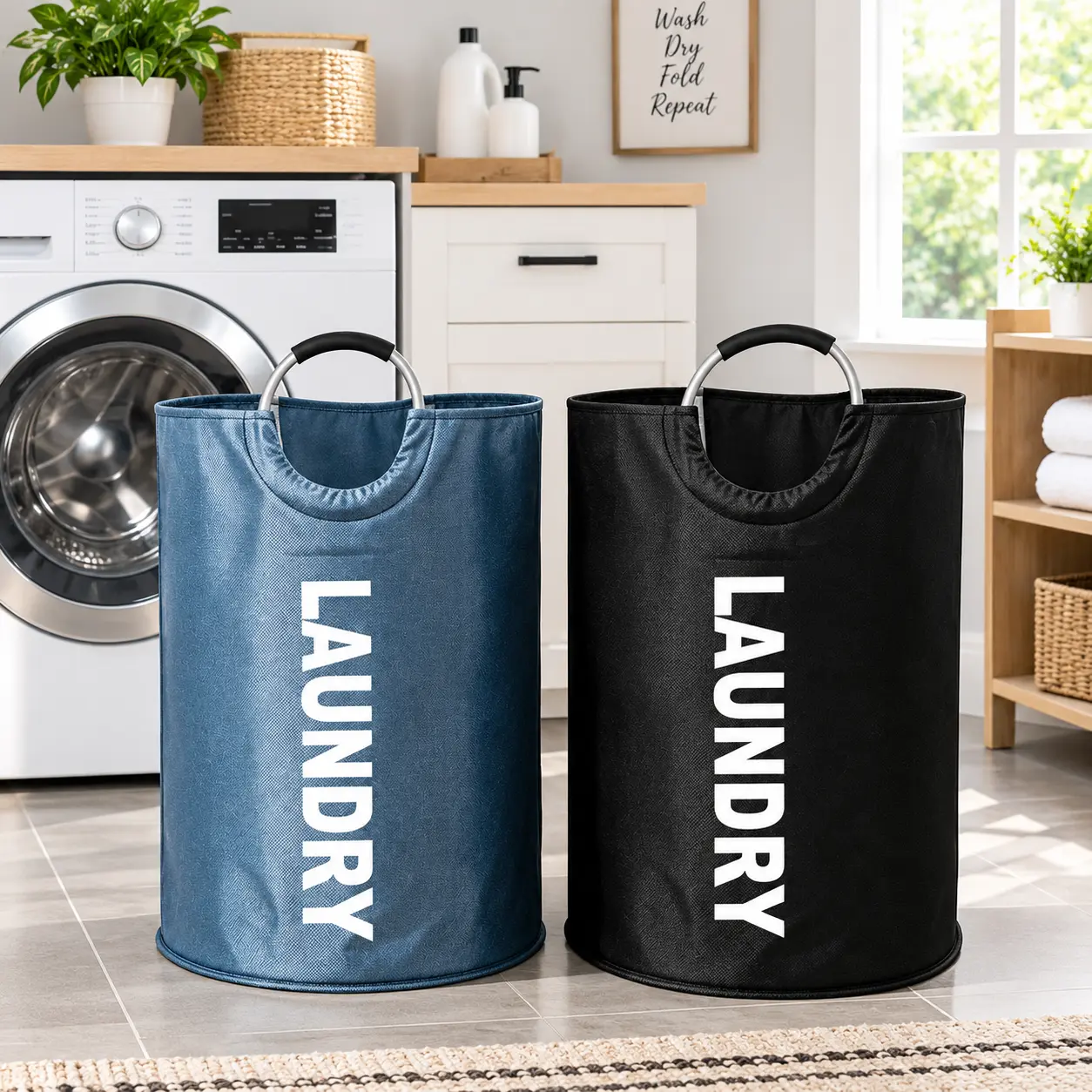 115L Large Round Modern Oxford Laundry Basket-Collapsible with Handles Foldable Clothes Storage Bag for Bedroom, Bathroom & Laundry Room
