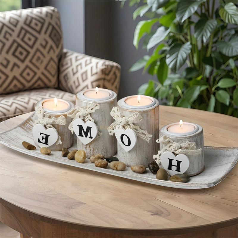 Wooden Candle Holders Centerpieces for Living Room Coffee Table Decorations | Wooden Candles Holders with Wood Tray,Candlesticks for Home Decoration Fireplace Farmhouse Table Kitchen Decor