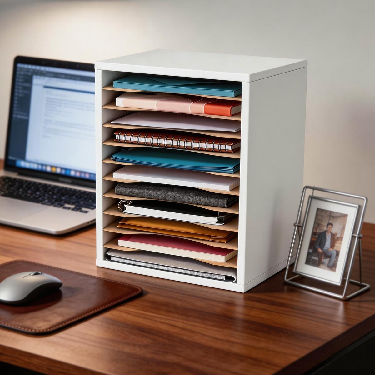 Vertical Desktop Organizer Rack with 11 Slots, Mail Sorting Stand, PVC Paper Classification Shelf, Adjustable Layers, Home Office Storage