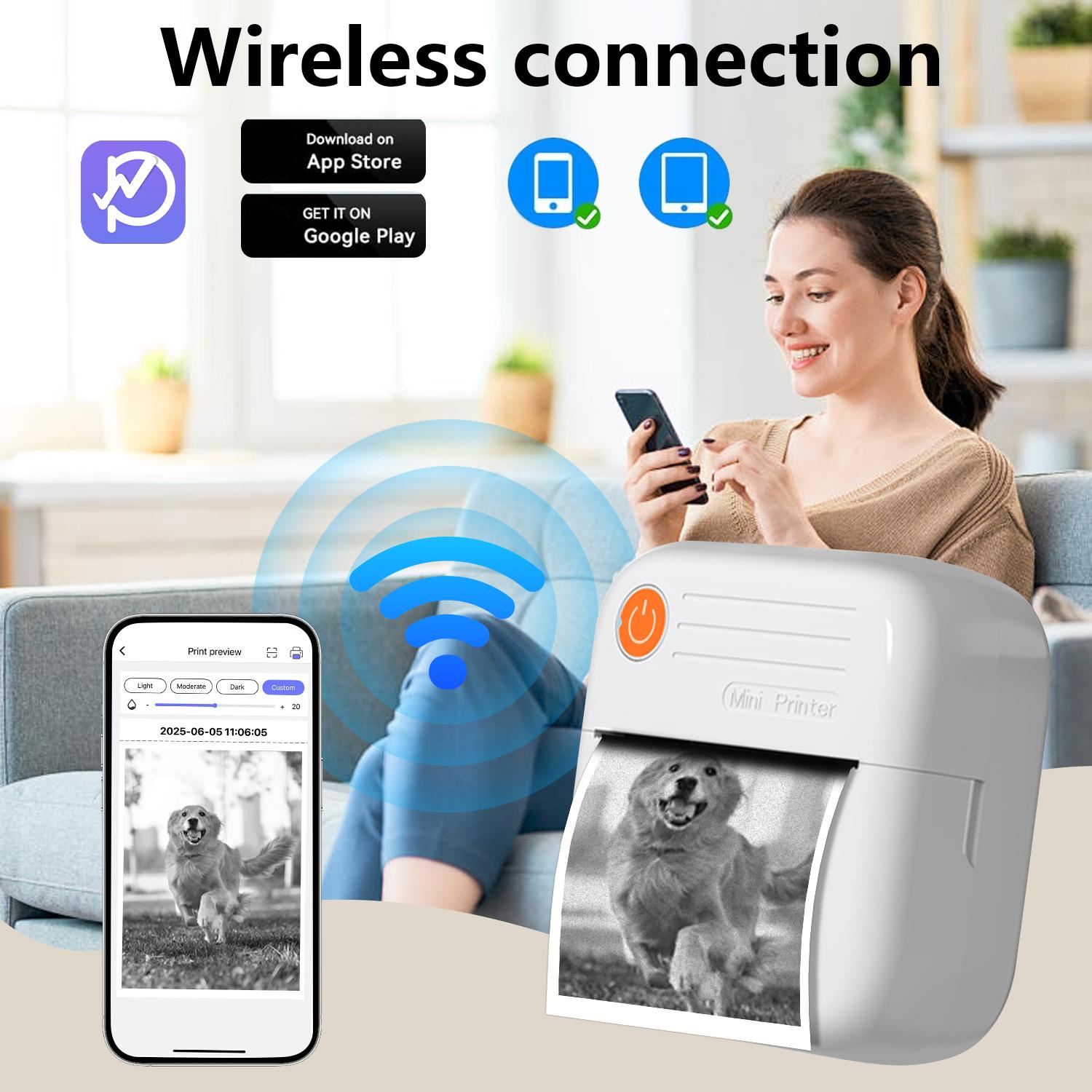 Wireless Mini Printer, Thermal Wireless Printer, Ink Free Sticker Printer, Inkless Printer, Portable Receipt Printer, Suitable for Photos, 1200mAh,4.44Wh, Diaries, suitable for family, friends, traveling and outdoor adventures, Portable Handheld Printer