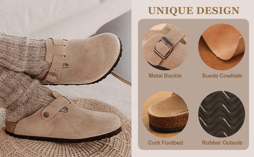 KIDMI Suede Clogs Women Fashion Men Round Toe Cork Footbed Clogs Potato Shoes Clogs Men Shoes Outdoor Nonslip Walking Shoes Slides Home Slippers With Arch Support Retro Design Unisex Clogs【Order Reference Size Guide】
