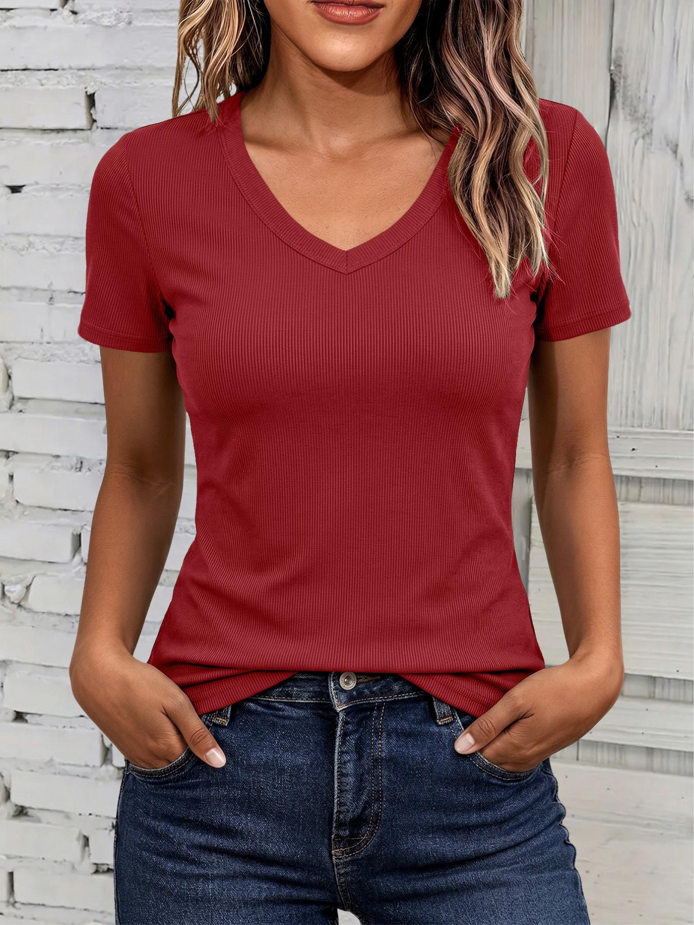 Women's Ribbed V-Neck Short Sleeve T-Shirt Casual Stylish Tee 4-Piece Set, Elegant Fitted Solid Top, All Seasons Wear, Plain Surface, Unlined