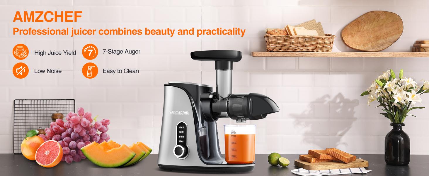 Juicer Machines,AMZCHEF Slow Masticating Juicer, Juicer with Two Speed Modes, Travel bottles(500ML),LED display, Easy to Clean Brush & Quiet Motor for Vegetables&Fruits