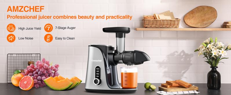 Juicer Machines,AMZCHEF Slow Masticating Juicer, Juicer with Two Speed Modes, Travel bottles(500ML),LED display, Easy to Clean Brush & Quiet Motor for Vegetables&Fruits