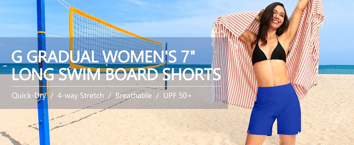 G Gradual Women's Swim Board Shorts 7" Long High Waisted Quick Dry Beach Swimmingshorts for Women with Liner Pockets Swimmingtrunks Activewear SpringStatements