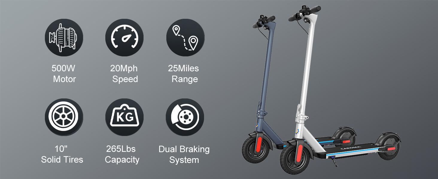 CAROMA Adult Commuter Foldable Electric Scooterr, 500W Motor, 10-inch Solid Tires, 300 lb Max Load, with Cruise Control, Dual Braking System and Shock Absorbers