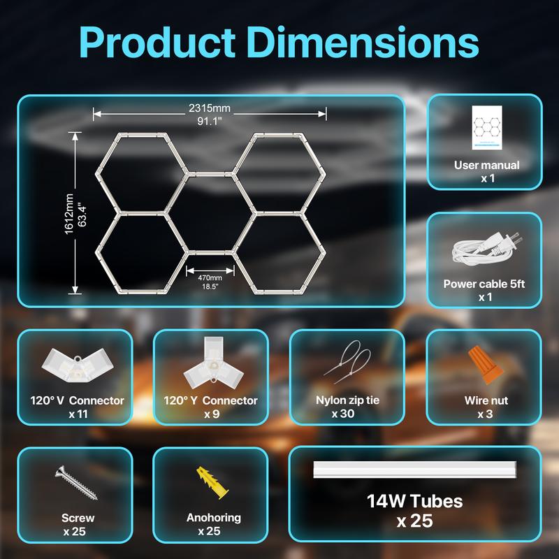 LUMENFOX 2025 New DIY Plug-In Hexagonal Ceiling Lights, Honeycomb Ceiling Lights, Light Efficiency 110LM/W, Hexagonal Garage Lights are suitable for garages, supermarkets, shopping malls, car shows and basements, Lighting，Jumpstart newyear