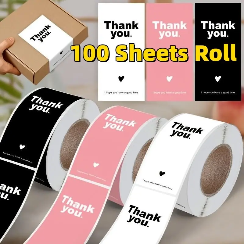 100 Sheets Roll Thank You Stickers + 1 Card, Rectangular Sealing Labels, Office Supplies, Gift Packaging, Decorative Tags, Glossy Paper, Disposable