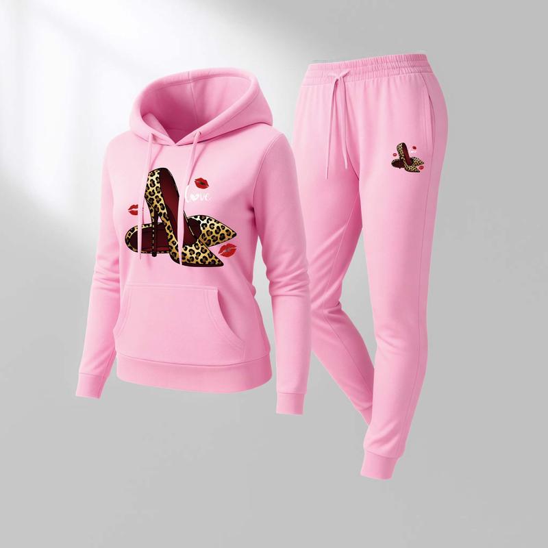 Women's Leopard Print Love High Heels Hoodie And Drawstring Track Pants Set, Casual Sportswear, Long-Sleeved Hooded Jacket And Pants, Suitable For Autumn And Winter, Everyday Wear, Indoor And Outdoor Sportswear, Casual Sportswear. Women's Leopard Print Love High Heels Hoodie And Drawstring Track Pants Set, Casual Sportswear, Long-Sleeved Hooded Jacket And Pants, Suitable For Autumn And Winter, Everyday Wear, Indoor And Outdoor Sportswear, Casual Sportswear.