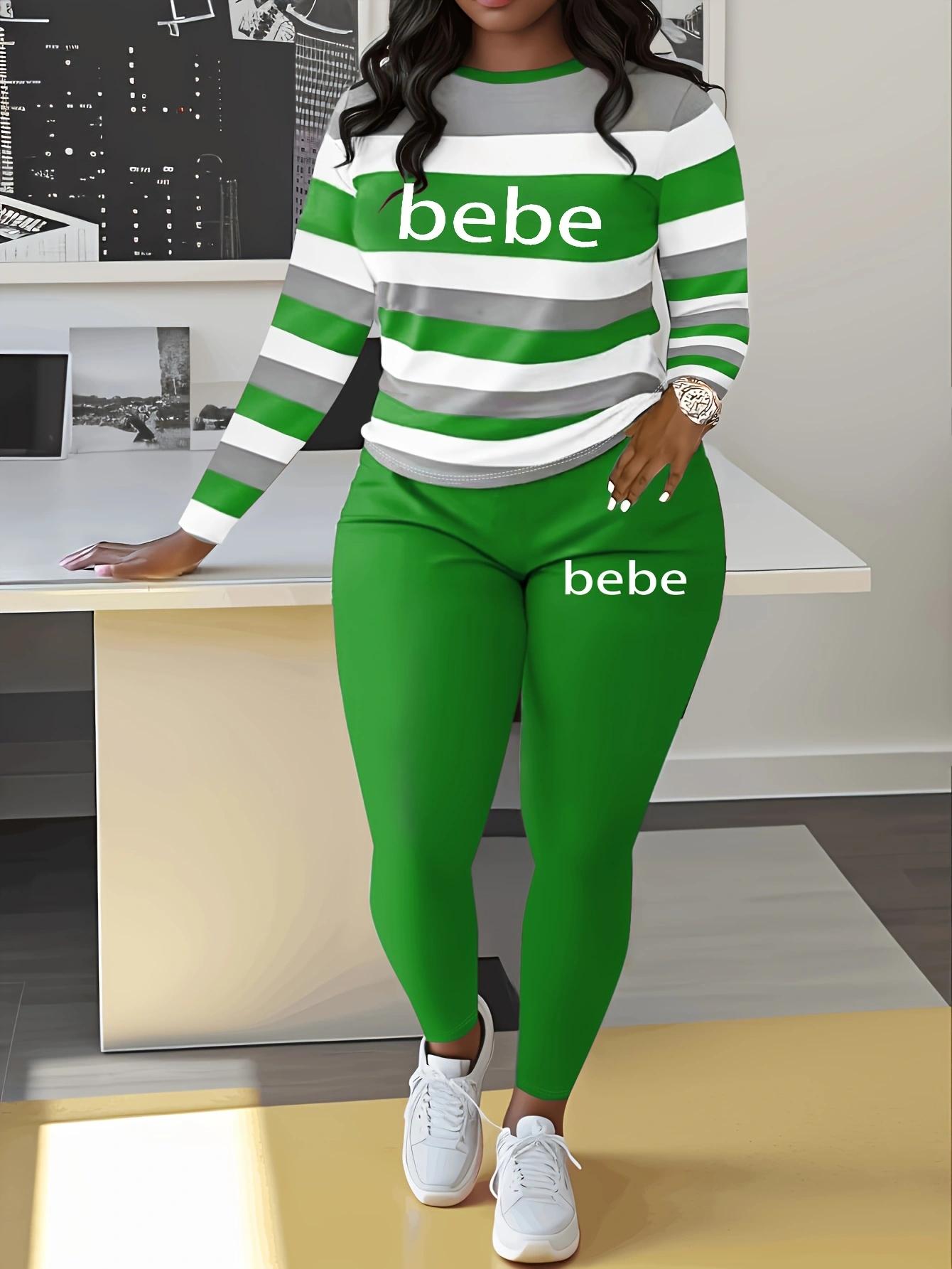 Women's Striped 'Bebe' Letter Print Round Neck Long Sleeve Top and Pants Set, Comfortable Casual Two-Piece Striped Lounge Set, Casual Fashion Set for Autumn and Winter