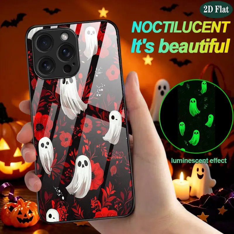 2D Flat Ghost Flower Luminous Glass Phone Case Naturally Emitting Light Shockproof Protective Case for iPhone 17 Pro Max/16 Pro Max/15/14/16 /13/Plus/12/Mini/11/XR/XS/SE 2020/8/7 Anti-Drop Case