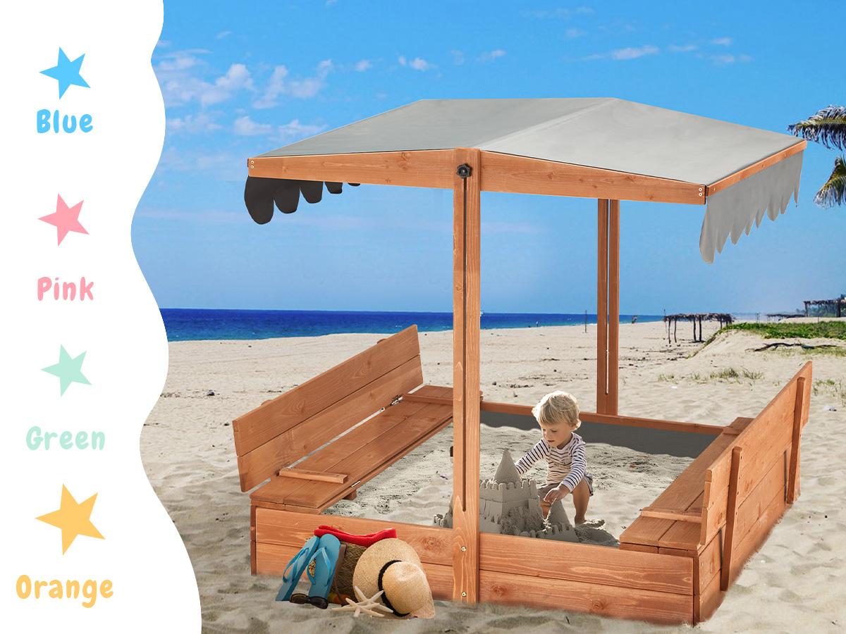 Sandbox with Lid, Kids Sandbox with Cover and Height Adjustable Roof, Outdoor Sandbox with Foldable Bench Seats and Sand Protection Liner for Aged 3-8, Perfect for Backyard Fun , Beach, Lawn Wooden Playtime