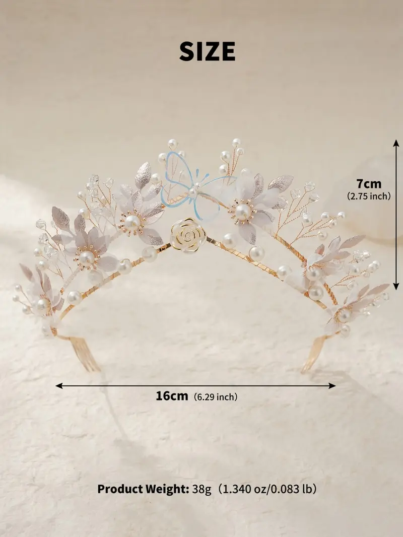 Elegant Butterfly Floral Bridal Crown, Romantic Pearl Rhinestone Wedding Headpiece, Korean Handmade Wedding Dress Accessory
