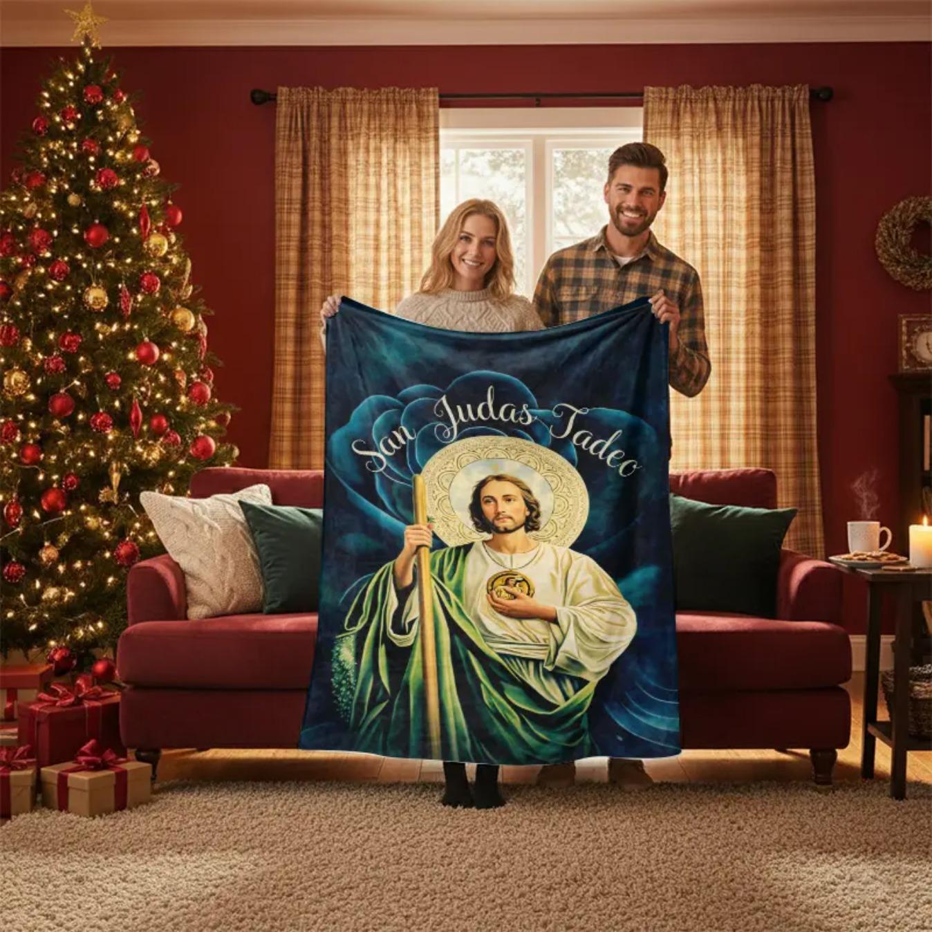 Blessed San Judas Tadeo Art Flannel Blanket Soft Fleece Throw Blanket for Bed Sofa Couch Cozy Warm Faith Inspired Religious Prayer Blanket Lounge Essential Home Decor Gift for Birthday Christmas Easter