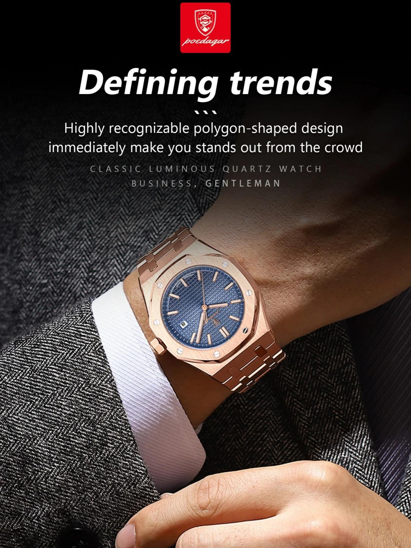 Poedagar Luxury Waterproof Night Light Date Men's Watch, Stainless Steel Fashion Quartz Watch, Suitable for Daily Wear Fashion Men's Watch, Luminous Analog Watch, Waterproof Wristwatch, Fashionable Watch