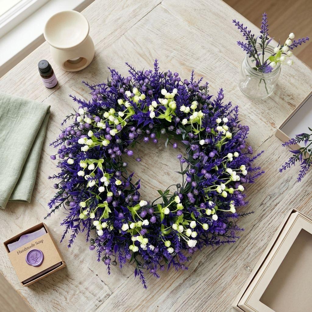 Lavender Starburst Artificial Flower Wreath Floral Hanging Decor, Decorative Flowers, Front Door Decoration, Home Wedding Outdoor Event Decor, Battery-Free, Elegant Design