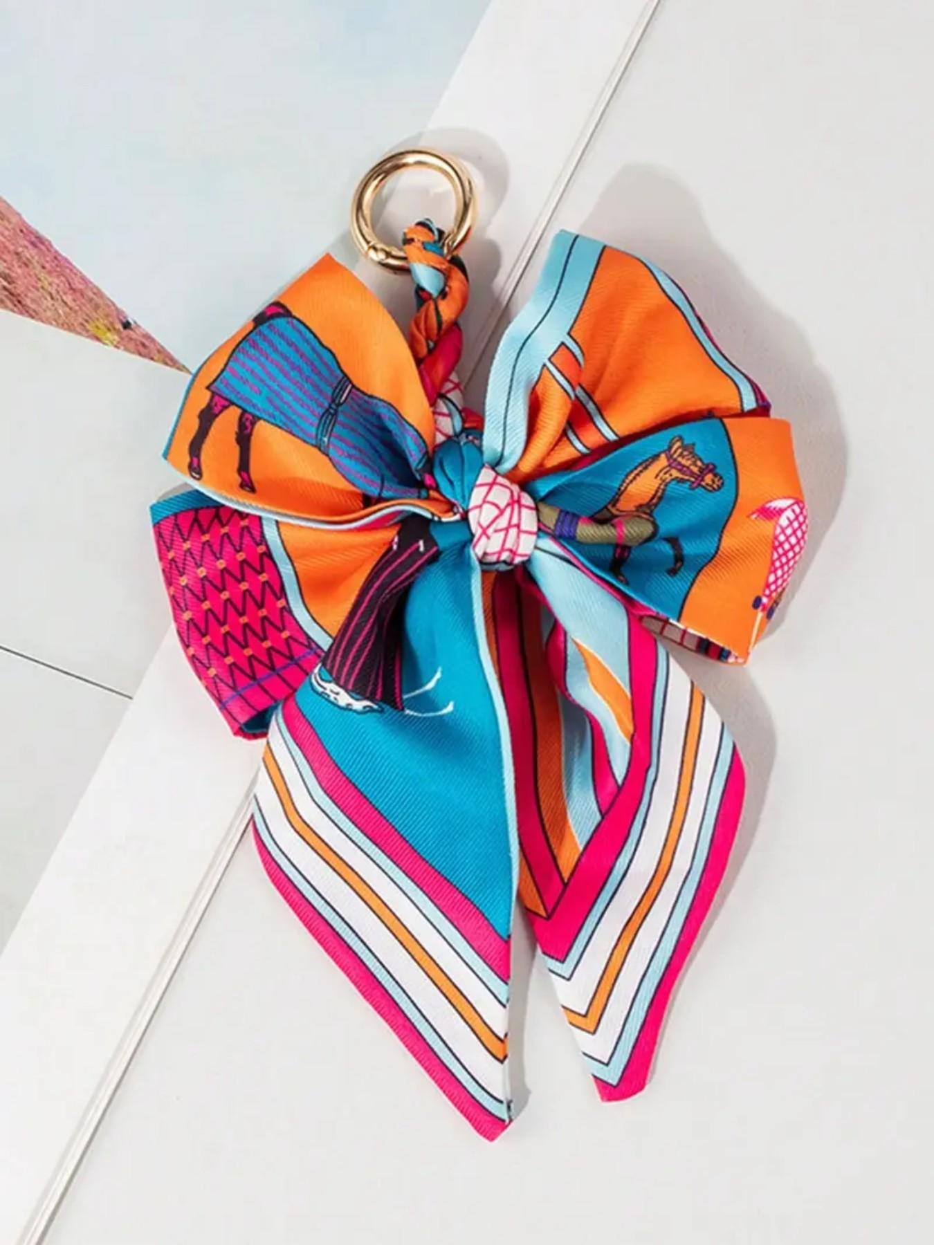 Elegant Bow Bag Charm-Floral Scarf Keychain wit..