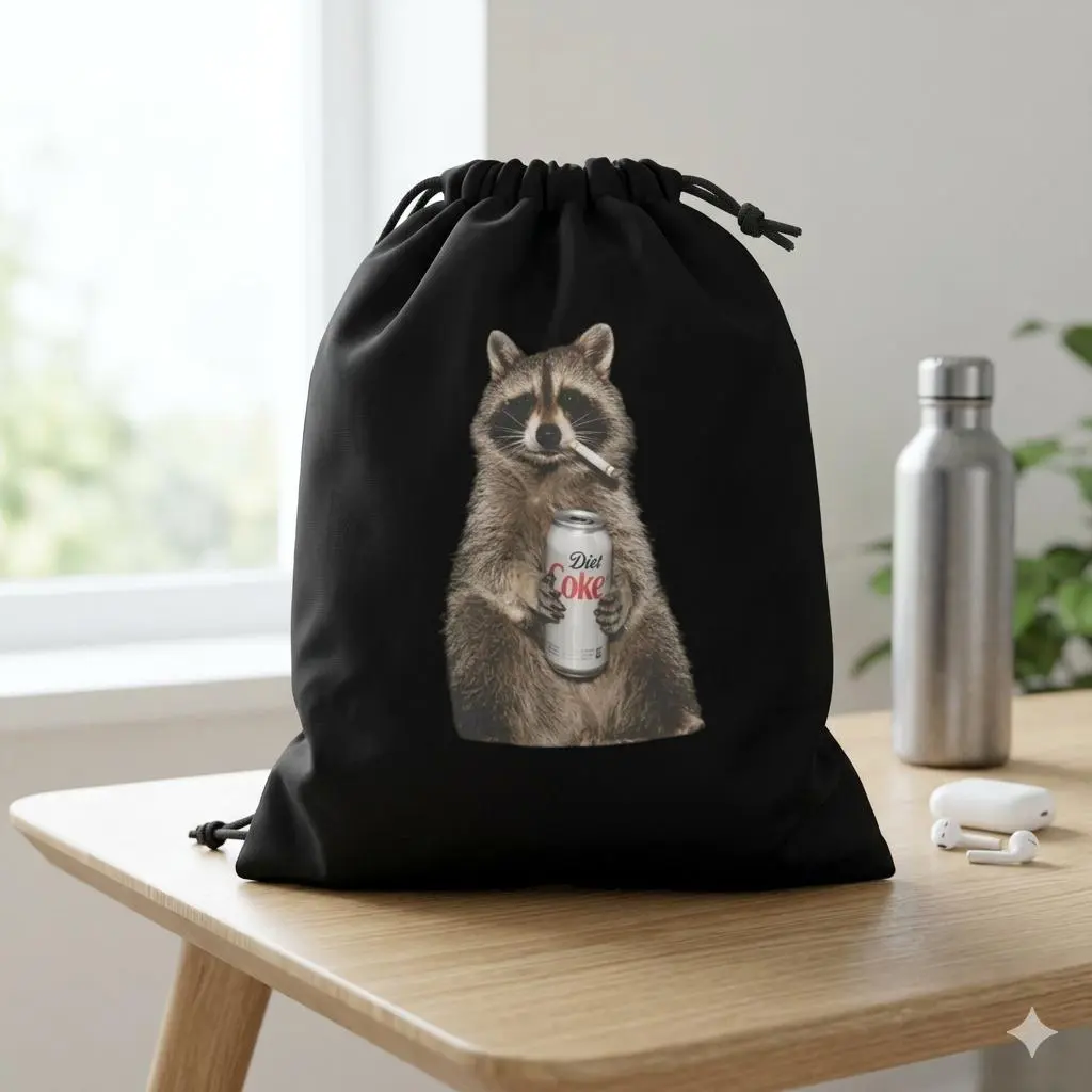 Funny Raccoon Graphic Drawstring Bag - "Diet Coke & Smoke" Gym Sack - Trendy Casual Daypack for School, Gag Gift