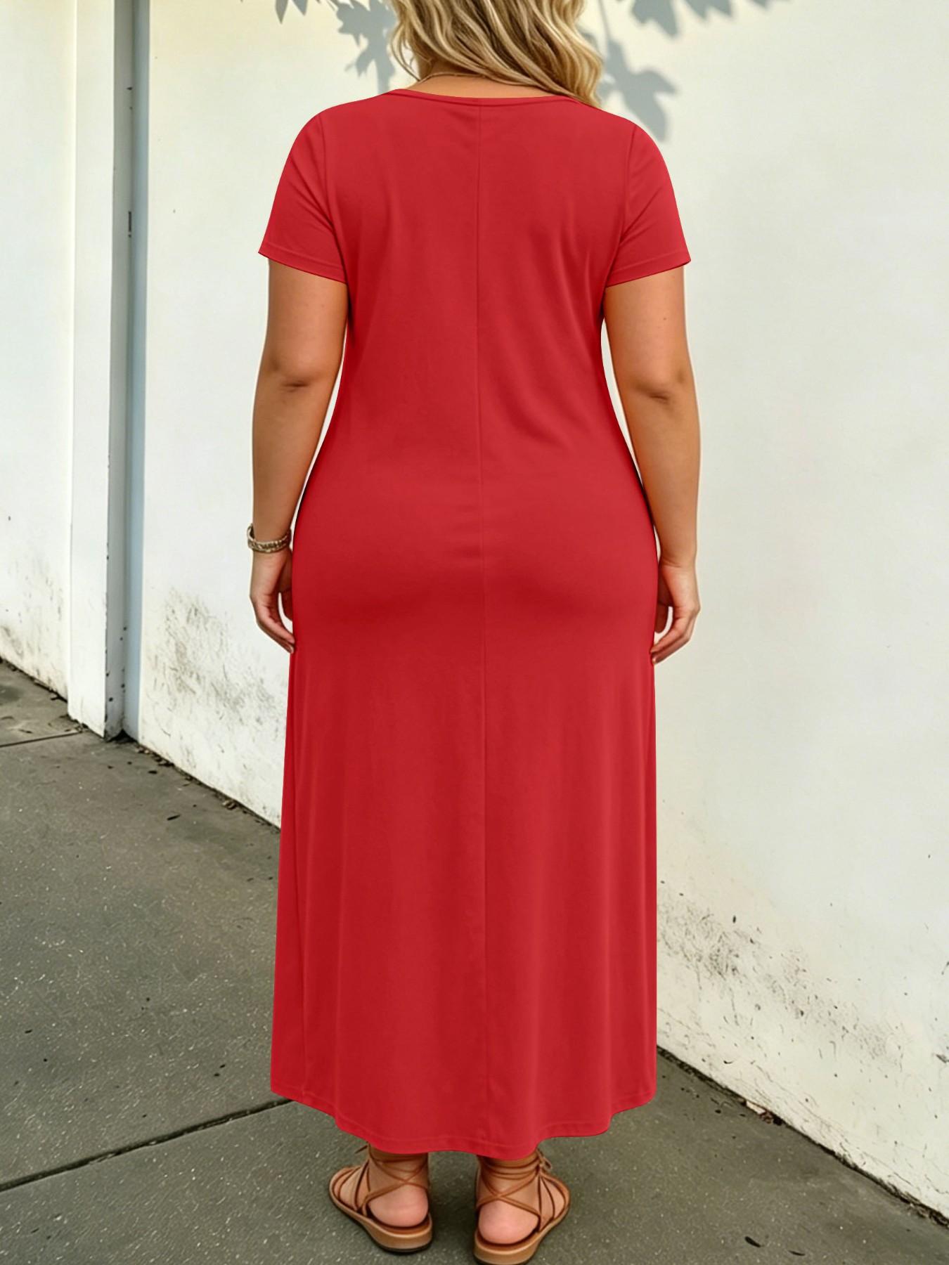 Plus Size Solid Color Loose Maxi Dress, Short Sleeve, Round Neck, Side Pockets, Curvy Daily Wear, Tummy Hiding