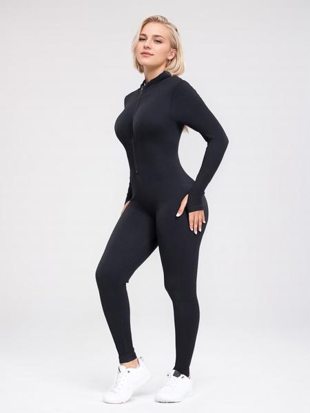 Women's Sporty Long Sleeve Zipper Jumpsuit, High Neck Tight-Fitting Fitness, Comfortable All-Season Activewear, Workout Jumpsuit