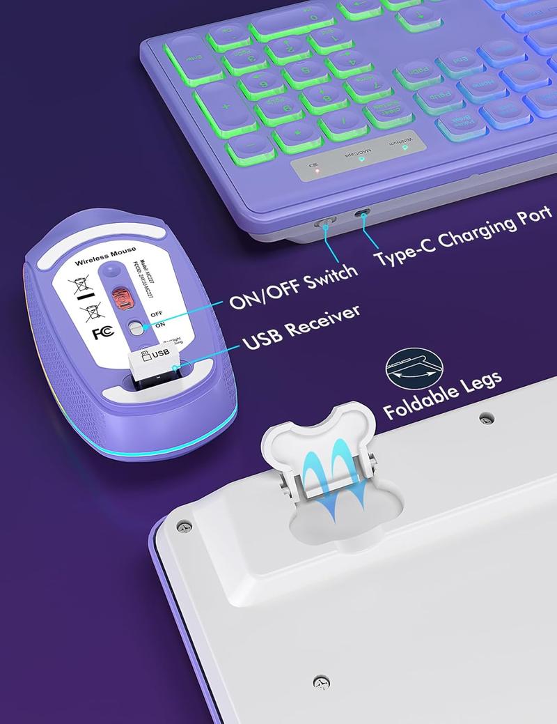 Wireless Keyboard and Mouse Combo - RGB Backlit, Rechargeable & Light Up Letters, Full-Size, Ergonomic Tilt Angle, Sleep Mode, 2.4GHz Quiet Keyboard Mouse for Mac, Windows, Laptop, PC