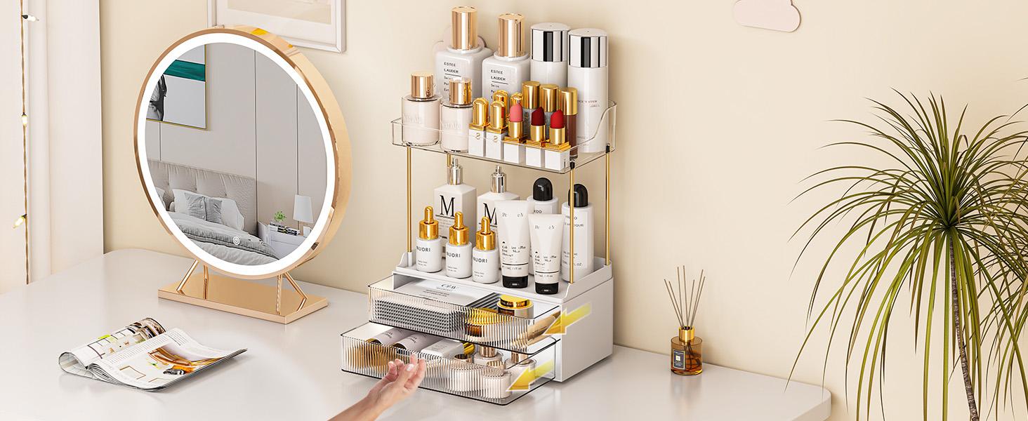 7CODE 4-Tier 2-Drawer Bathroom Organizer with Makeup, Perfume, and Skincare Organizers in Amber Racks Cosmetic Box